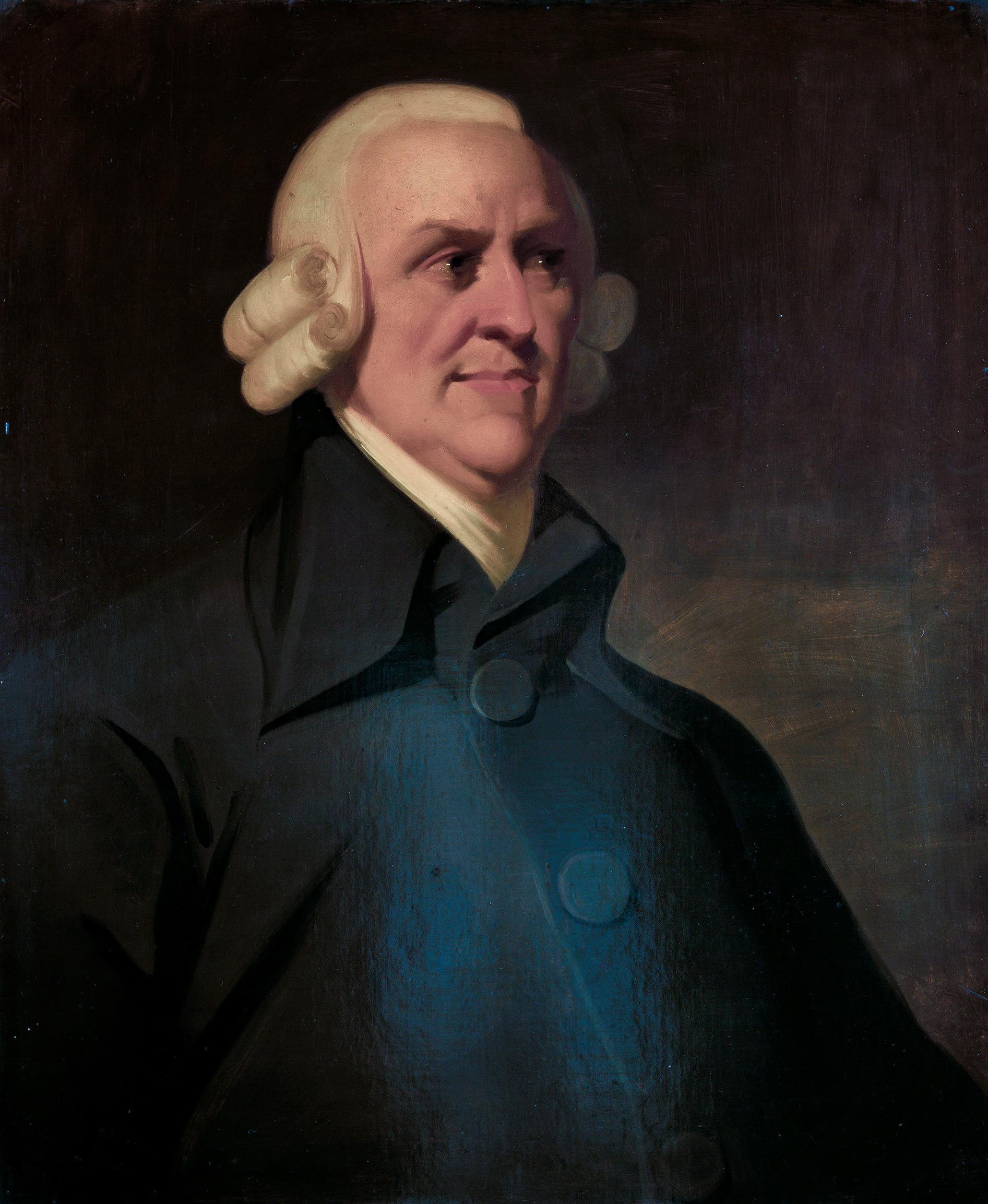 Portrait à l'huile d'Adam Smith. Homme du XVIIIe siècle, perruque blanche, costume sombre élégant, regard droit. Peinture connue sous le nom de « portrait Muir ».
