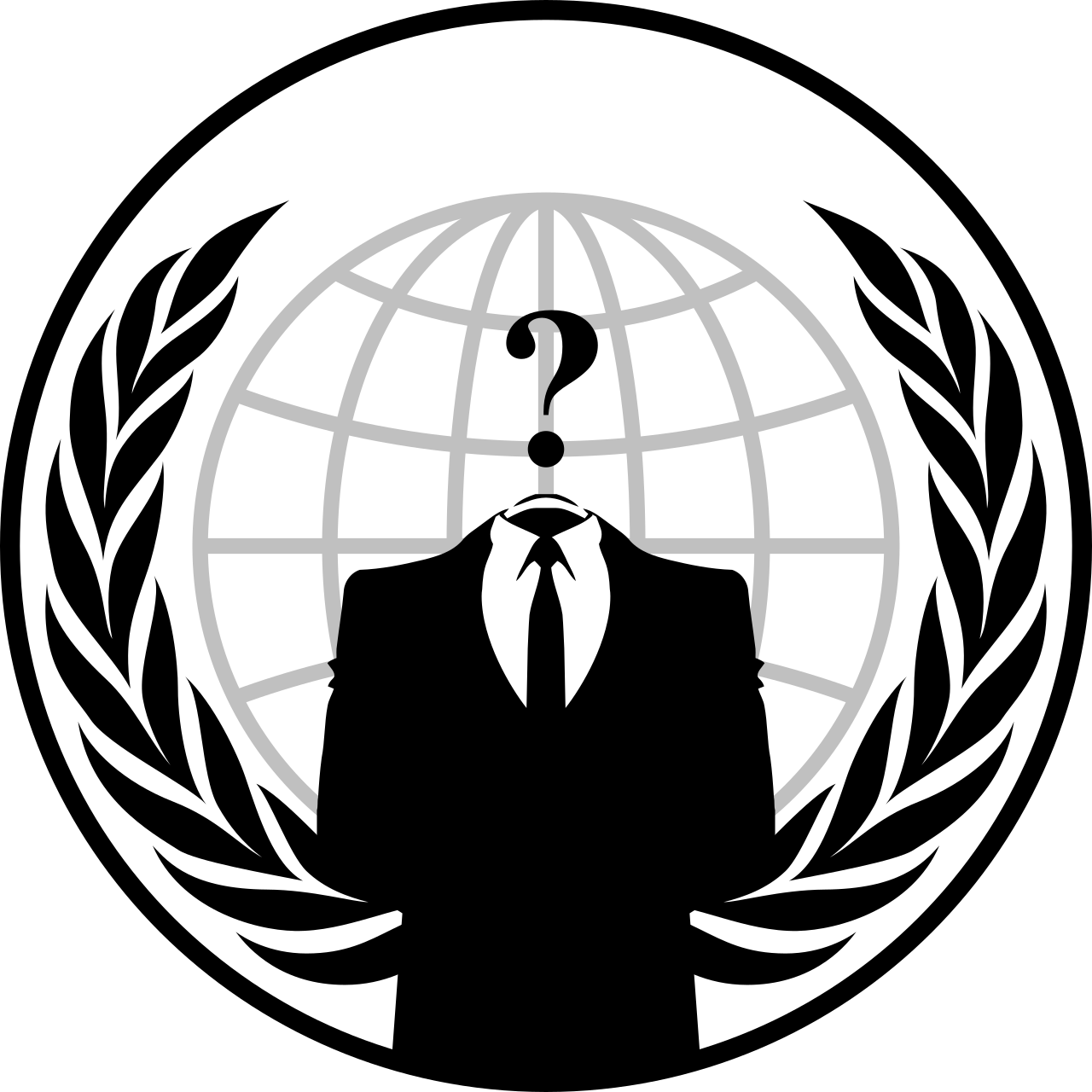 Emblème du collectif Anonymous : silhouette en costume sans tête avec point d'interrogation