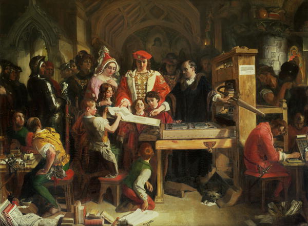 Gravure montrant William Caxton imprimant en présence du roi Édouard IV