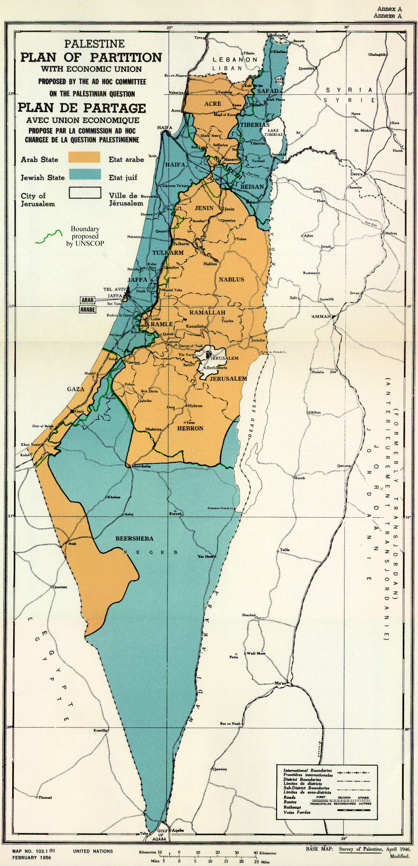 Carte du plan de partage de la Palestine adopté par l'ONU le 29 novembre 1947 (résolution 181) : zones de l'État juif, zones de l'État arabe, Jérusalem internationalisée