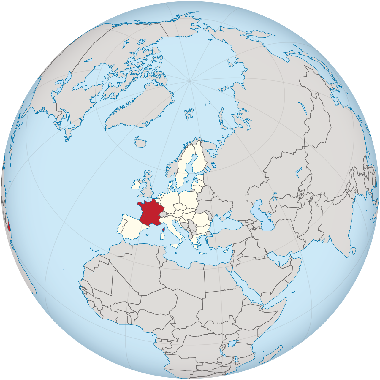 Position de la France au sein de l'Union européenne sur le globe terrestre centré sur l'Europe