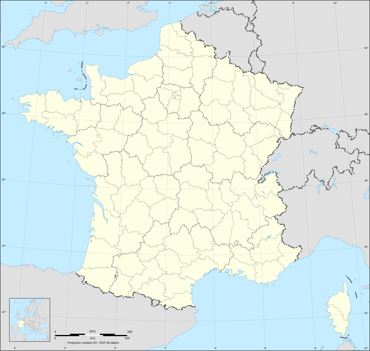 Carte de la France métropolitaine en projection Lambert-93 avec ses 13 régions et 96 départements