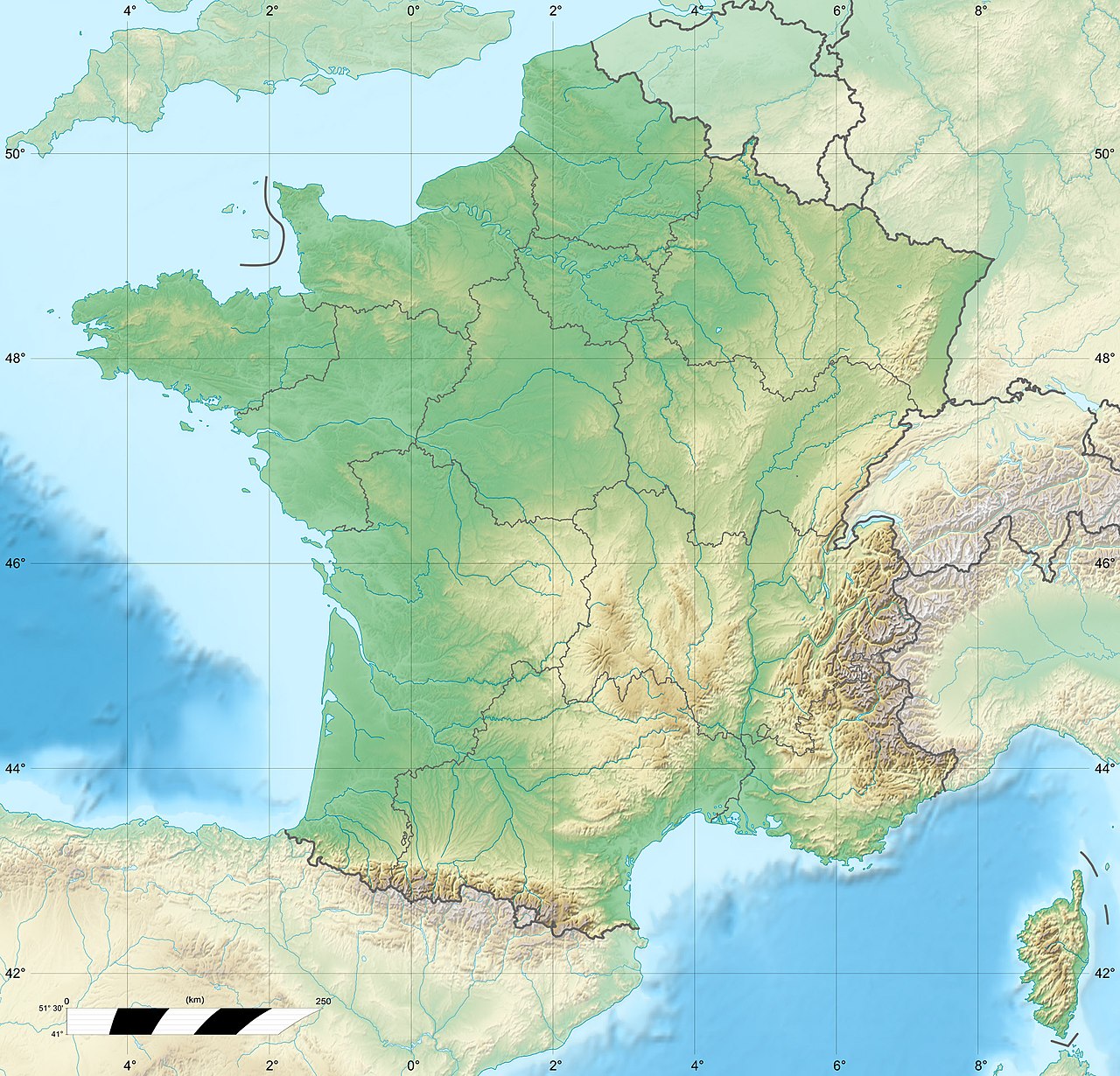 Carte de la France métropolitaine en relief, avec les grands ensembles montagneux et fluviaux